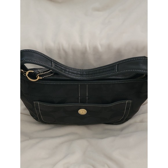 Coach Signature C Hobo Shoulder Bag Black Monogram Leather Trim Zip Top Hobo U2K - Picture 3 of 8